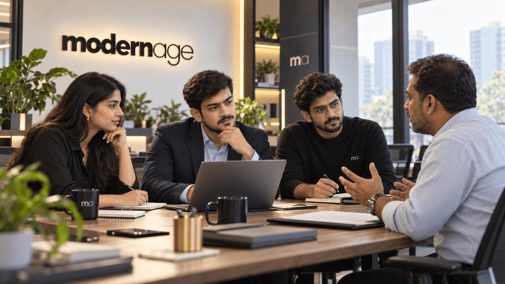 Modern Age team talking with a business owner around a studio table