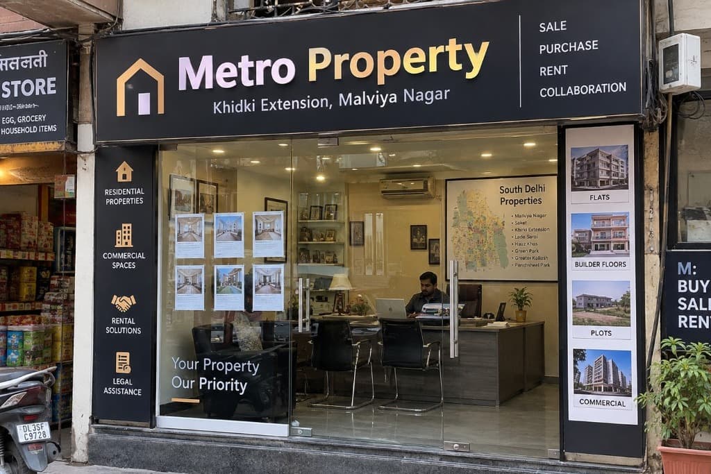 A real estate office storefront, with property listings in the window