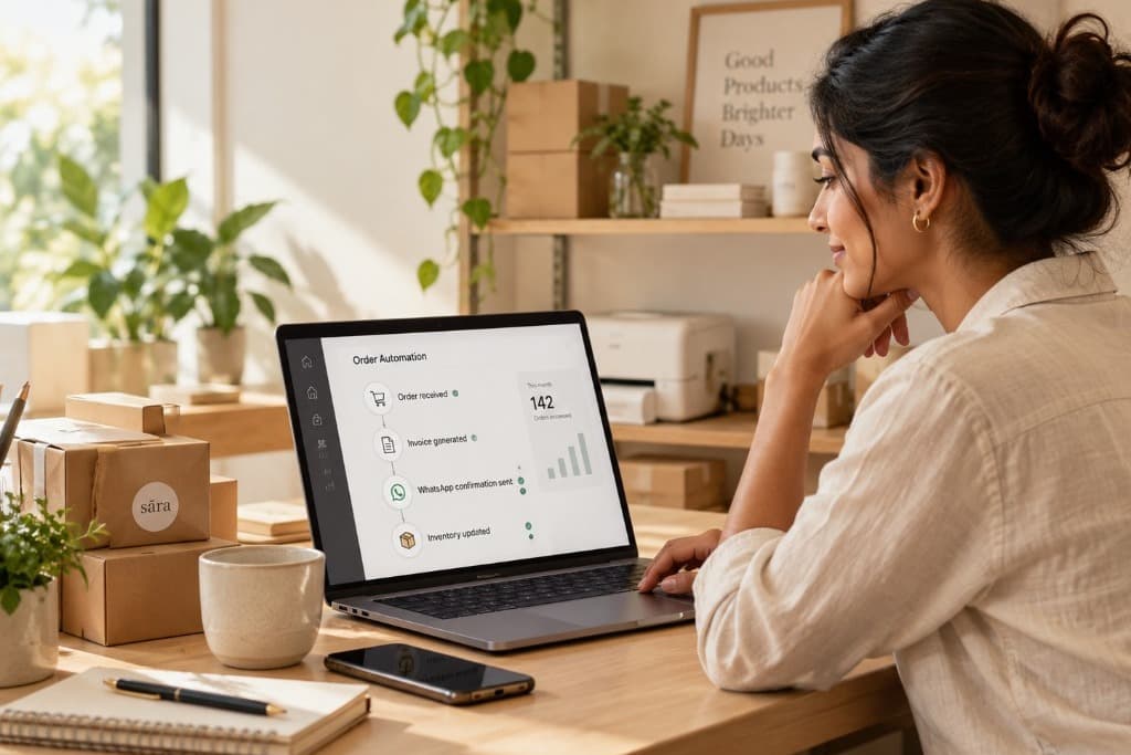 A business owner at a laptop watching orders, invoices, and messages update on their own