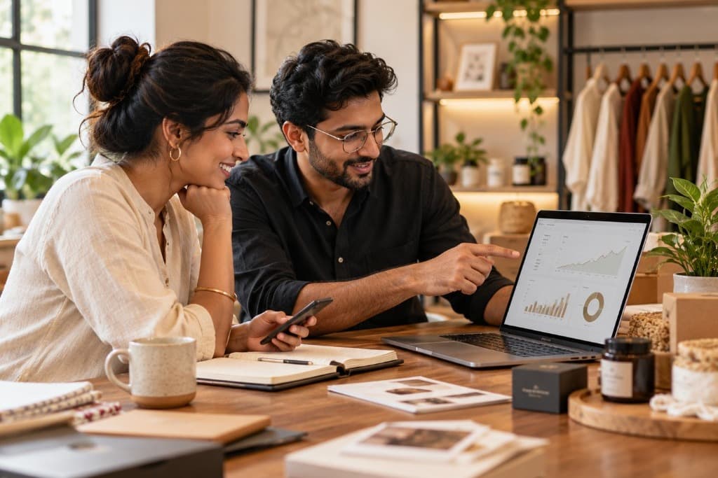 Two people at a shop table reviewing a campaign on a laptop
