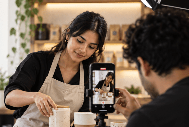 A café owner arranging cups while a phone on a tripod films the scene for social media