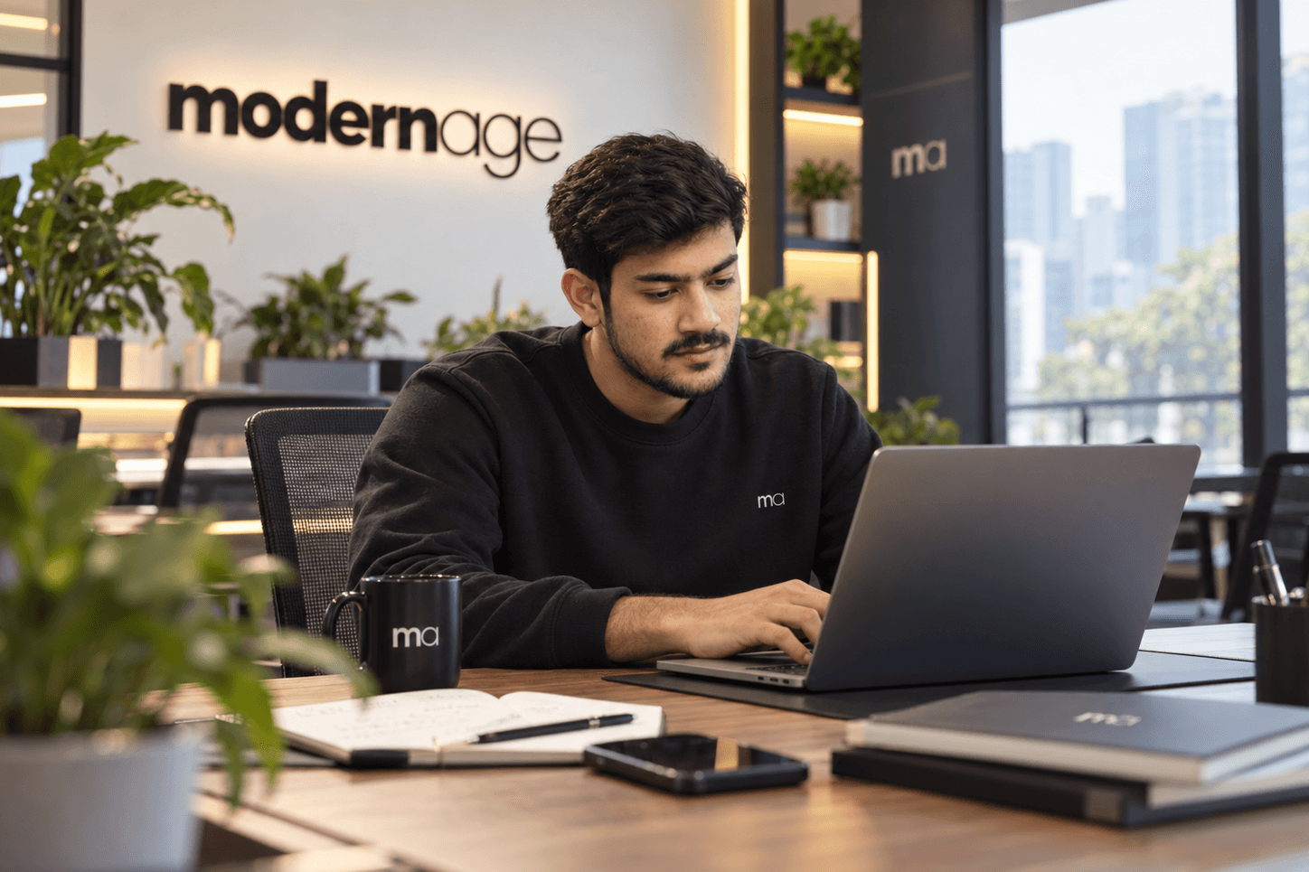 A Modern Age teammate working on a laptop in the studio
