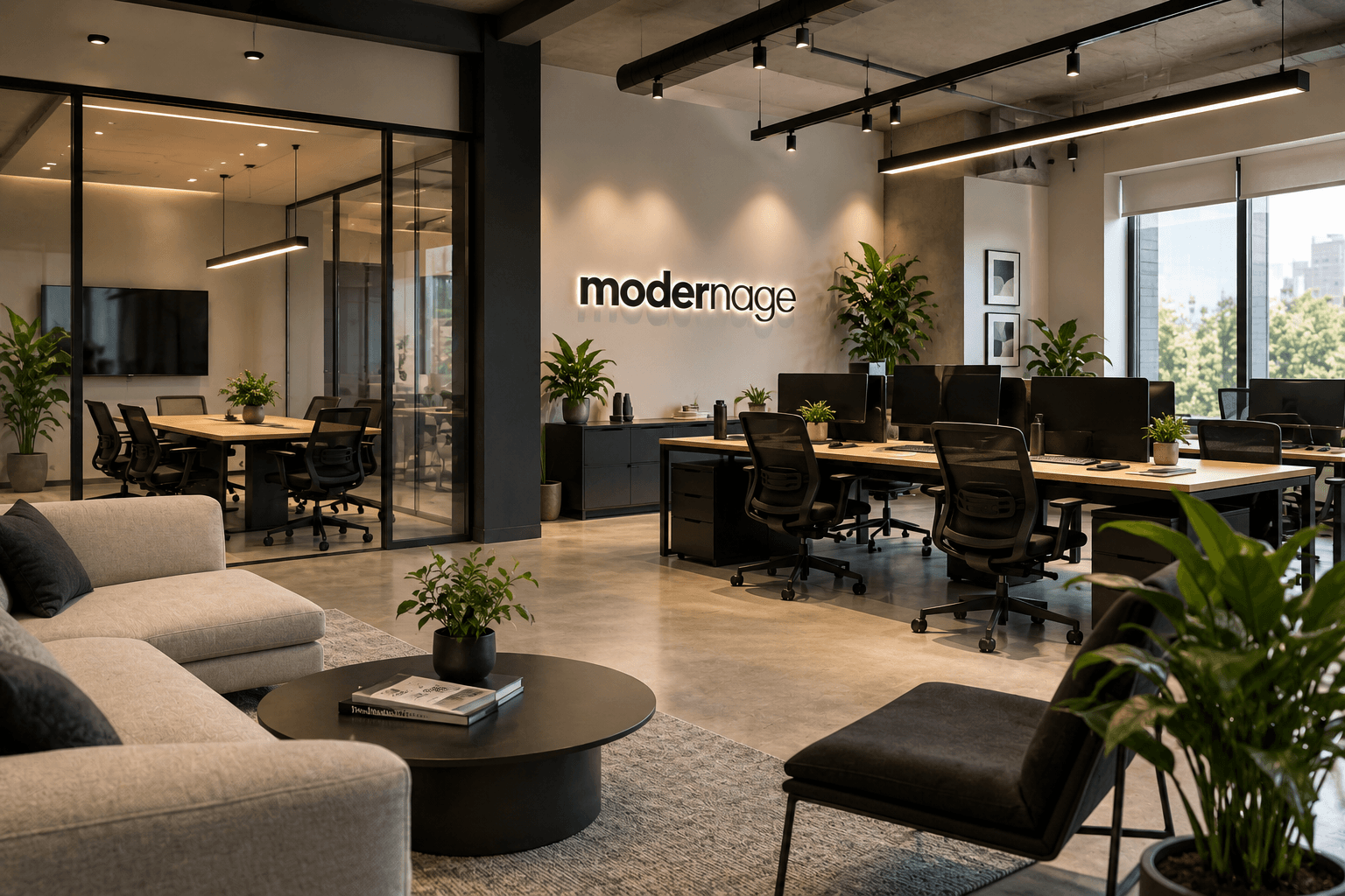 The Modern Age studio, a warm minimalist workspace with a meeting room and open desks